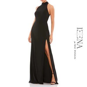 IEENA for MAC DUGGAL | High Neck Jersey Gown w/ teardrop cutout back (Black)